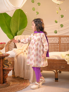 Rangrez Collection: Peacock Print Kurta & Pant Set with Dupatta – Purple