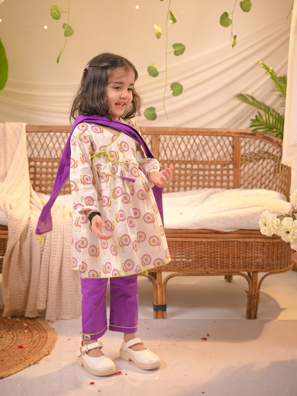 Rangrez Collection: Peacock Print Kurta & Pant Set with Dupatta – Purple