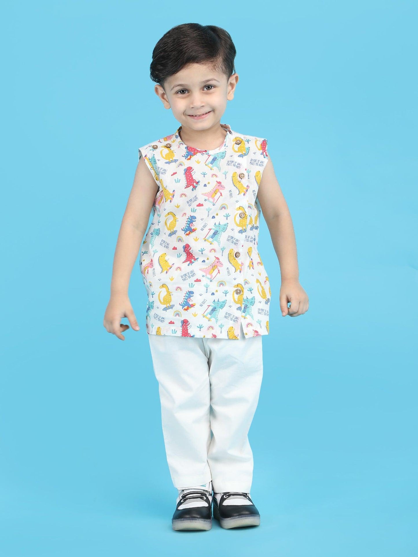 Polka Tots Cotton Sleeveless Dinosaur print Jhabla and Pant Set - Multicolor