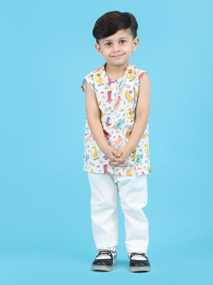 Polka Tots Cotton Sleeveless Dinosaur print Jhabla and Pant Set - Multicolor