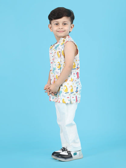 Polka Tots Cotton Sleeveless Dinosaur print Jhabla and Pant Set - Multicolor