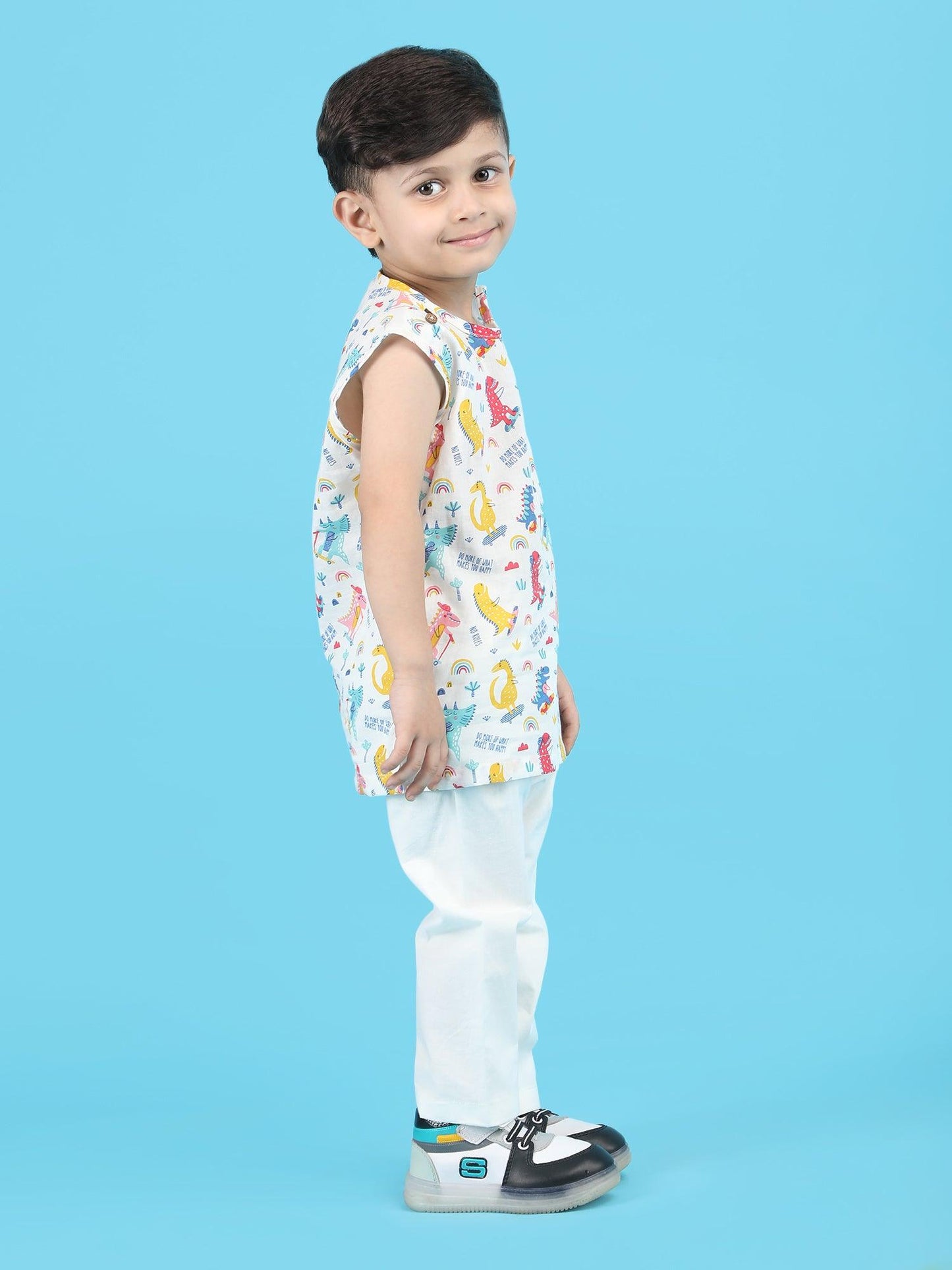 Polka Tots Cotton Sleeveless Dinosaur print Jhabla and Pant Set - Multicolor