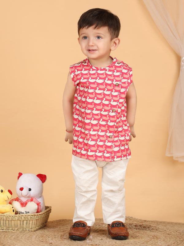 Polka Tots Sleeveless Swan print Jhabla and Pant Set - Pink