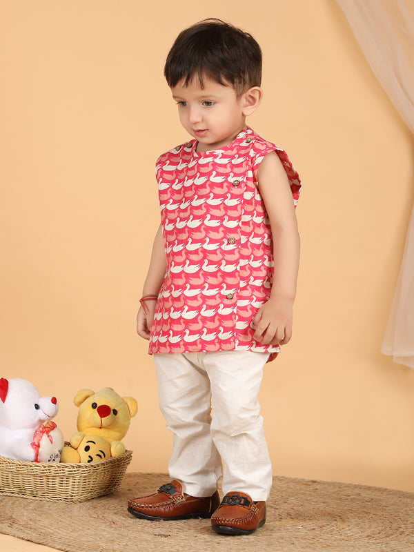 Polka Tots Sleeveless Swan print Jhabla and Pant Set - Pink