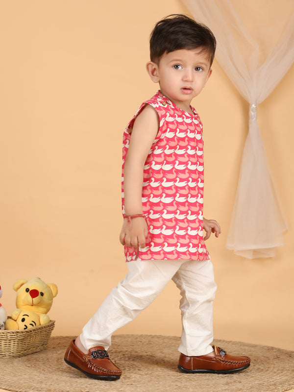 Polka Tots Sleeveless Swan print Jhabla and Pant Set - Pink