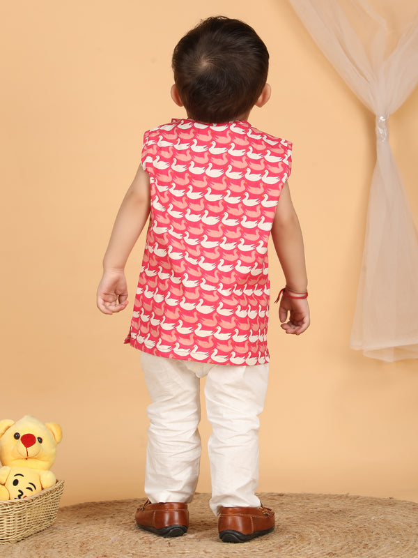 Polka Tots Sleeveless Swan print Jhabla and Pant Set - Pink