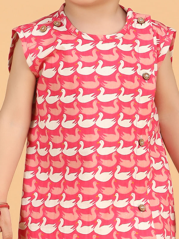 Polka Tots Sleeveless Swan print Jhabla and Pant Set - Pink