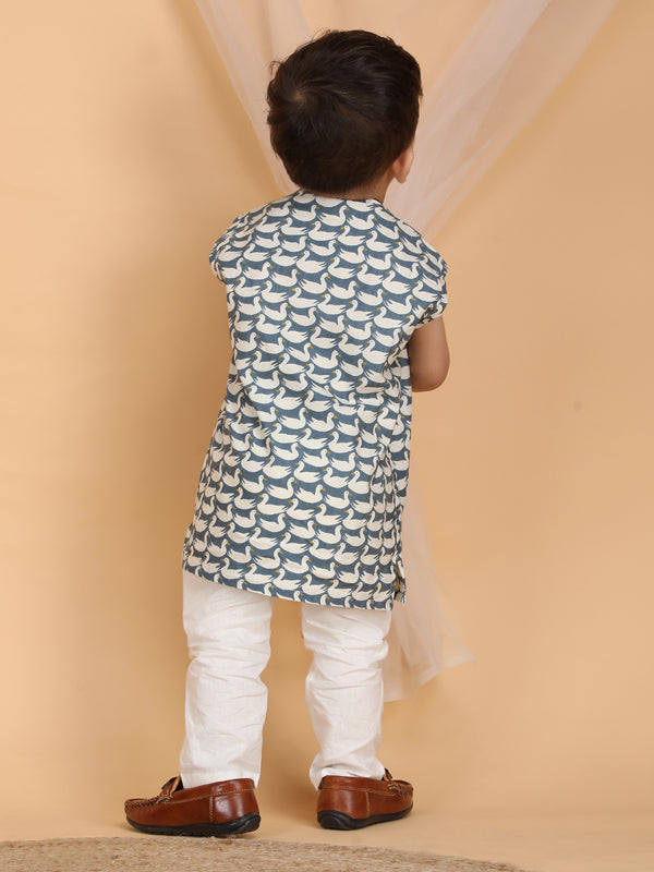 Polka Tots Sleeveless Swan print Jhabla and Pant Set - Grey
