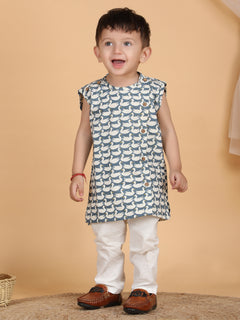 Polka Tots Sleeveless Swan print Jhabla and Pant Set - Grey