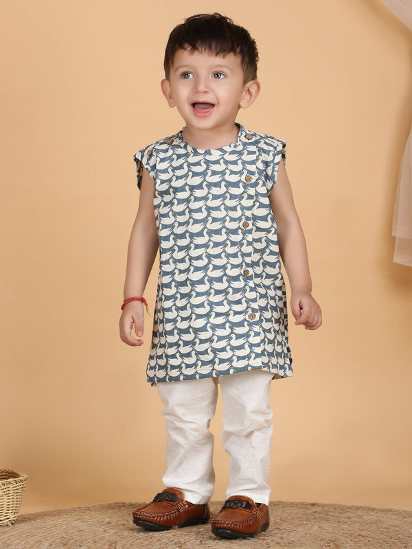 Polka Tots Sleeveless Swan print Jhabla and Pant Set - Grey