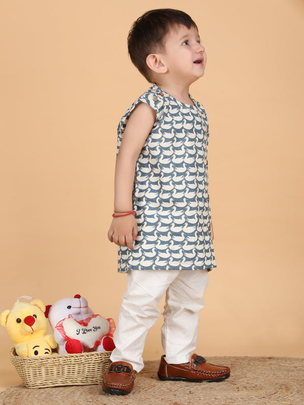 Polka Tots Sleeveless Swan print Jhabla and Pant Set - Grey
