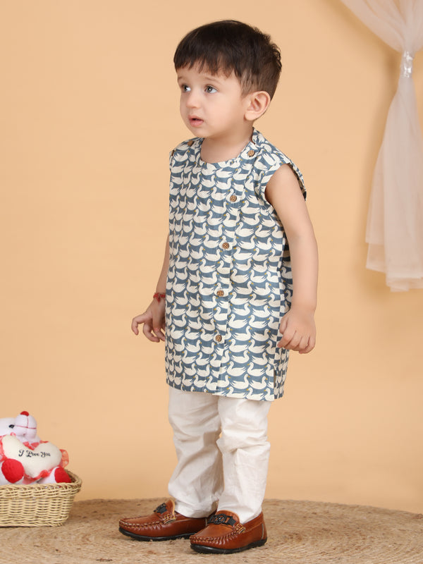 Polka Tots Sleeveless Swan print Jhabla and Pant Set - Grey