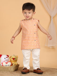 Polka Tots Sleeveless Elephant print Jhabla and Pant Set - Orange