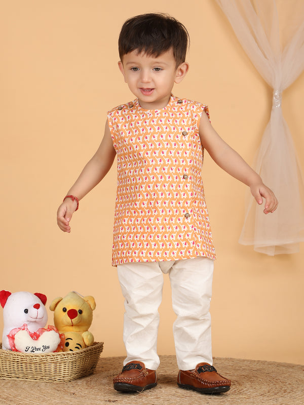 Polka Tots Sleeveless Elephant print Jhabla and Pant Set - Orange