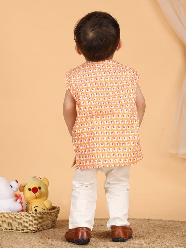 Polka Tots Sleeveless Elephant print Jhabla and Pant Set - Orange