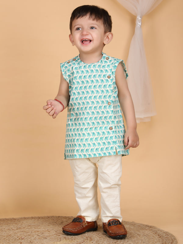 Polka Tots Sleeveless Elephant print Jhabla and Pant Set - Aqua