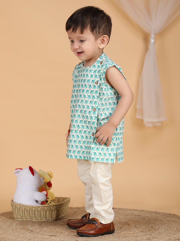Polka Tots Sleeveless Elephant print Jhabla and Pant Set - Aqua