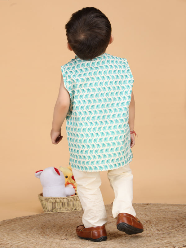 Polka Tots Sleeveless Elephant print Jhabla and Pant Set - Aqua