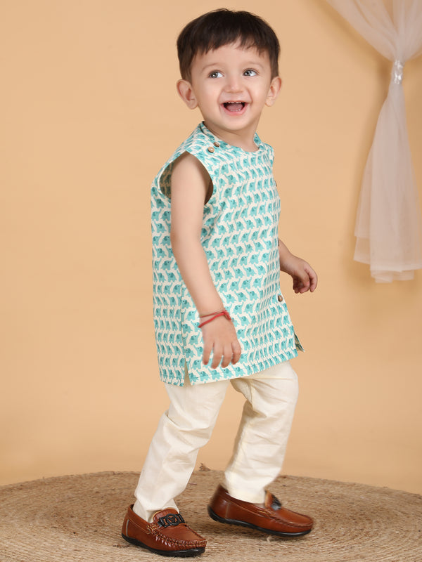 Polka Tots Sleeveless Elephant print Jhabla and Pant Set - Aqua