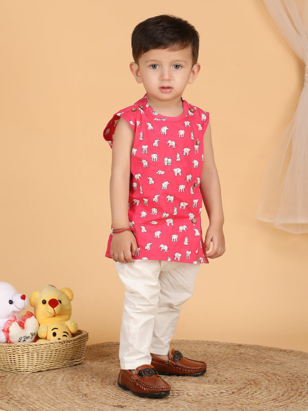 Polka Tots Sleeveless Elephant print Jhabla and Pant Set - Pink