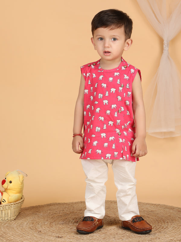 Polka Tots Sleeveless Elephant print Jhabla and Pant Set - Pink