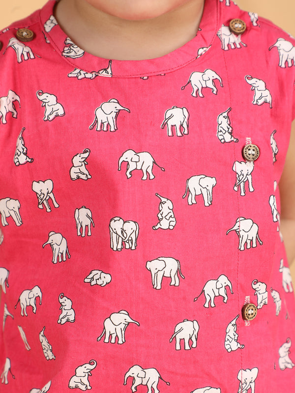 Polka Tots Sleeveless Elephant print Jhabla and Pant Set - Pink