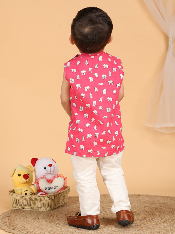 Polka Tots Sleeveless Elephant print Jhabla and Pant Set - Pink