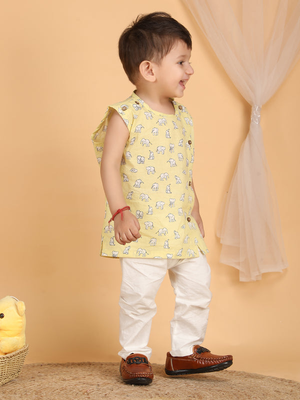 Polka Tots Sleeveless Elephant print Jhabla and Pant Set - Yellow