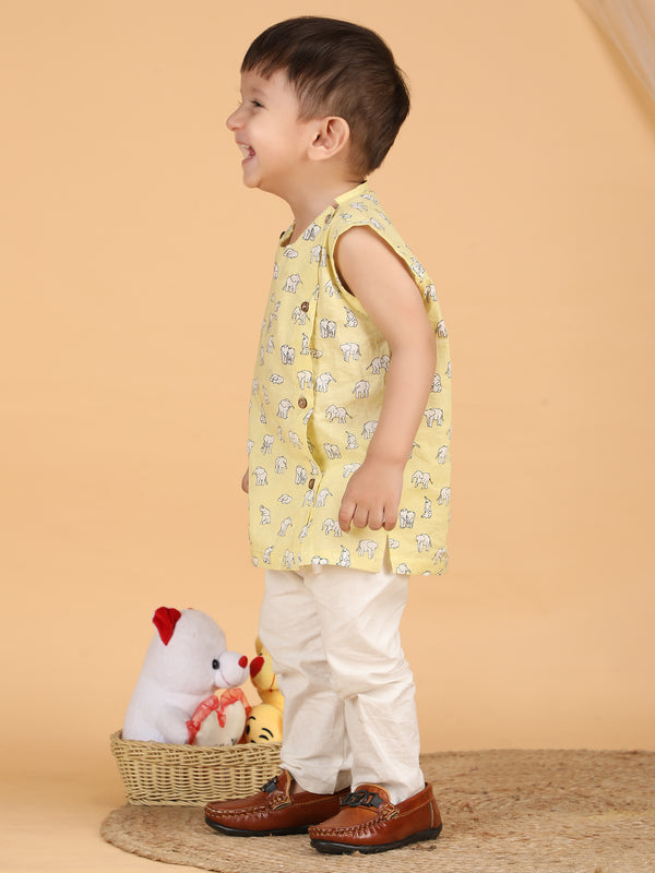 Polka Tots Sleeveless Elephant print Jhabla and Pant Set - Yellow