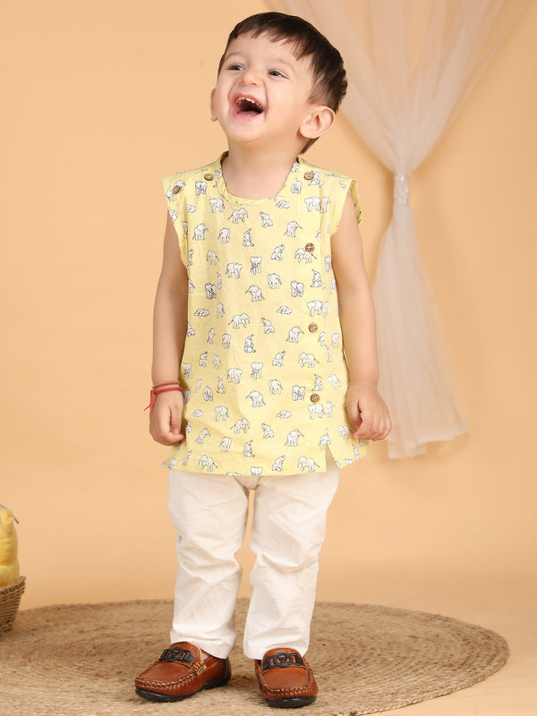 Polka Tots Sleeveless Elephant print Jhabla and Pant Set - Yellow