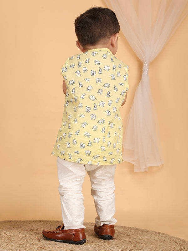Polka Tots Sleeveless Elephant print Jhabla and Pant Set - Yellow