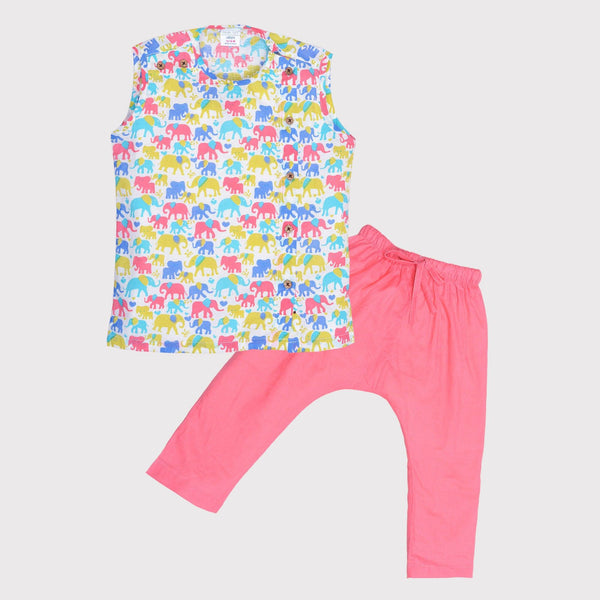 Polka Tots Elephant Print Sleeveless Jhabla and Pant Set - White & Purple