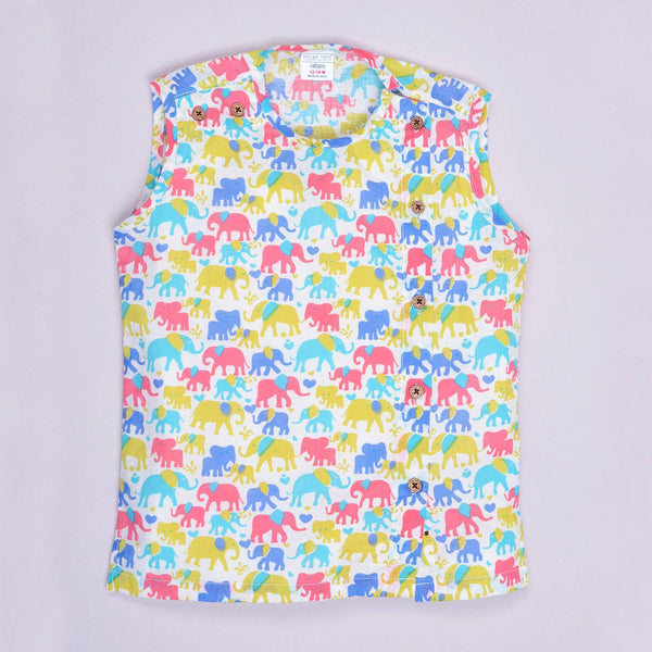 Polka Tots Elephant Print Sleeveless Jhabla and Pant Set - White & Purple