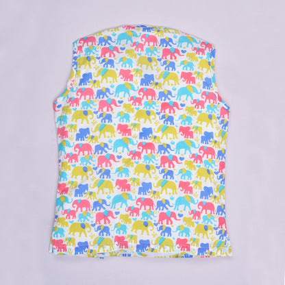 Polka Tots 100% Super Soft Cotton Sleeveless Multi Elephant Print Jhabla and Pant Set - White & Purple