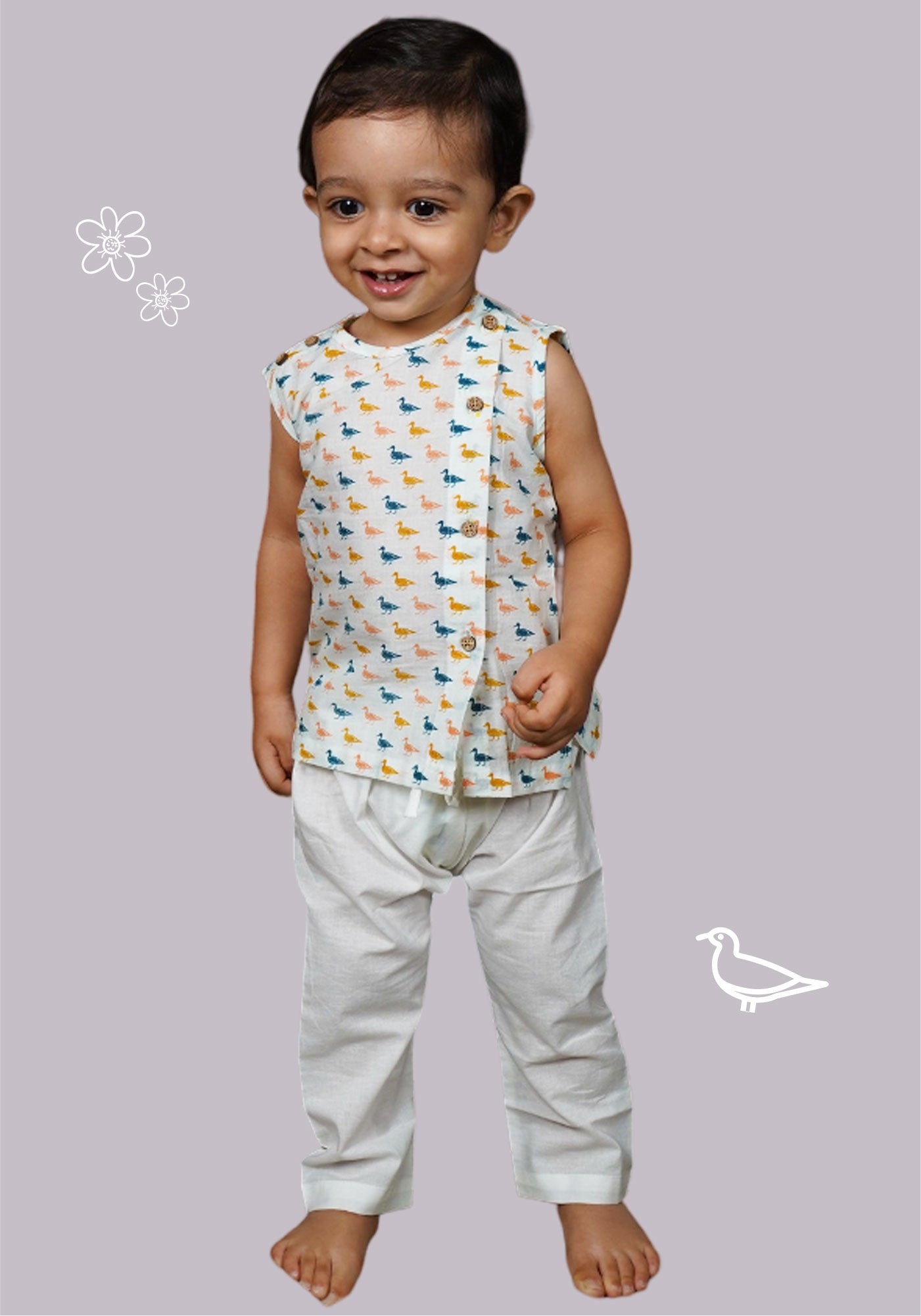 Polka Tots  Cotton Sleeveless Duck Print Jhabla/Vest And Pant Set - White & Orange