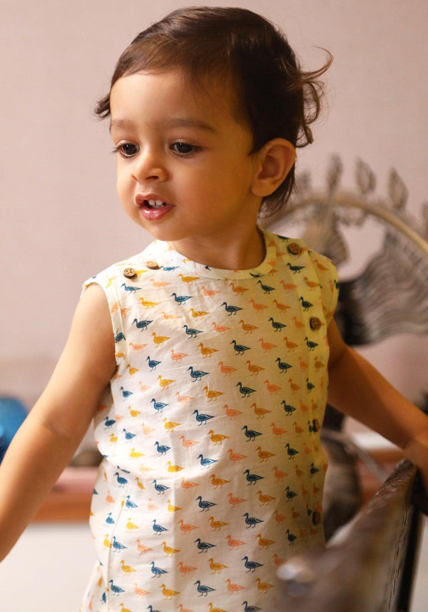 Polka Tots Duck Print Sleeveless Jhabla And Pant Set - White & Orange