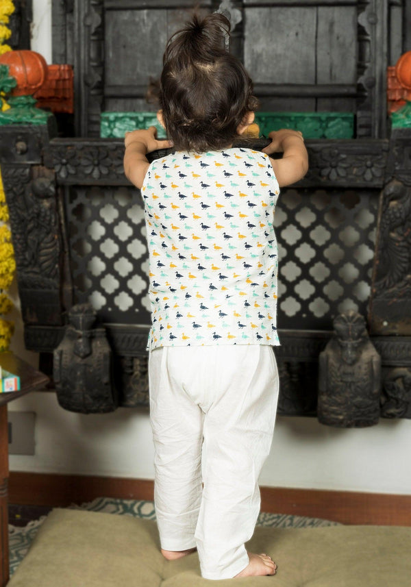 Polka Tots Duck Print Sleeveless Jhabla and Pant Set - White & Blue