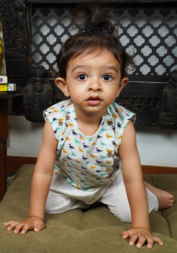 Polka Tots Duck Print Sleeveless Jhabla and Pant Set - White & Blue