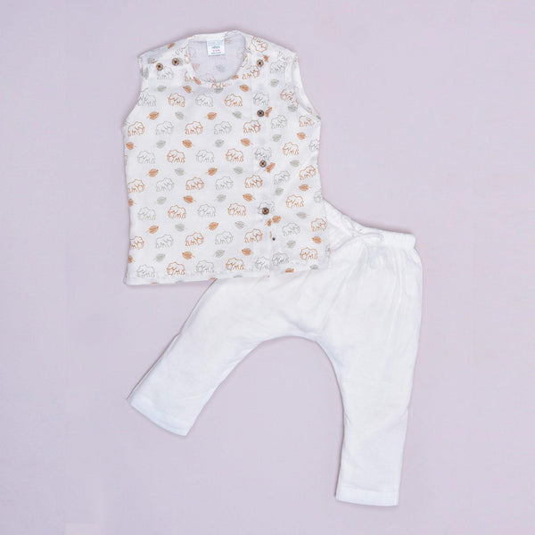 Polka Tots Elephant Print Sleeveless Jhabla and Pant Set - White & Mustard