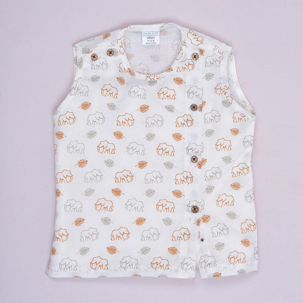 Polka Tots Elephant Print Sleeveless Jhabla and Pant Set - White & Mustard