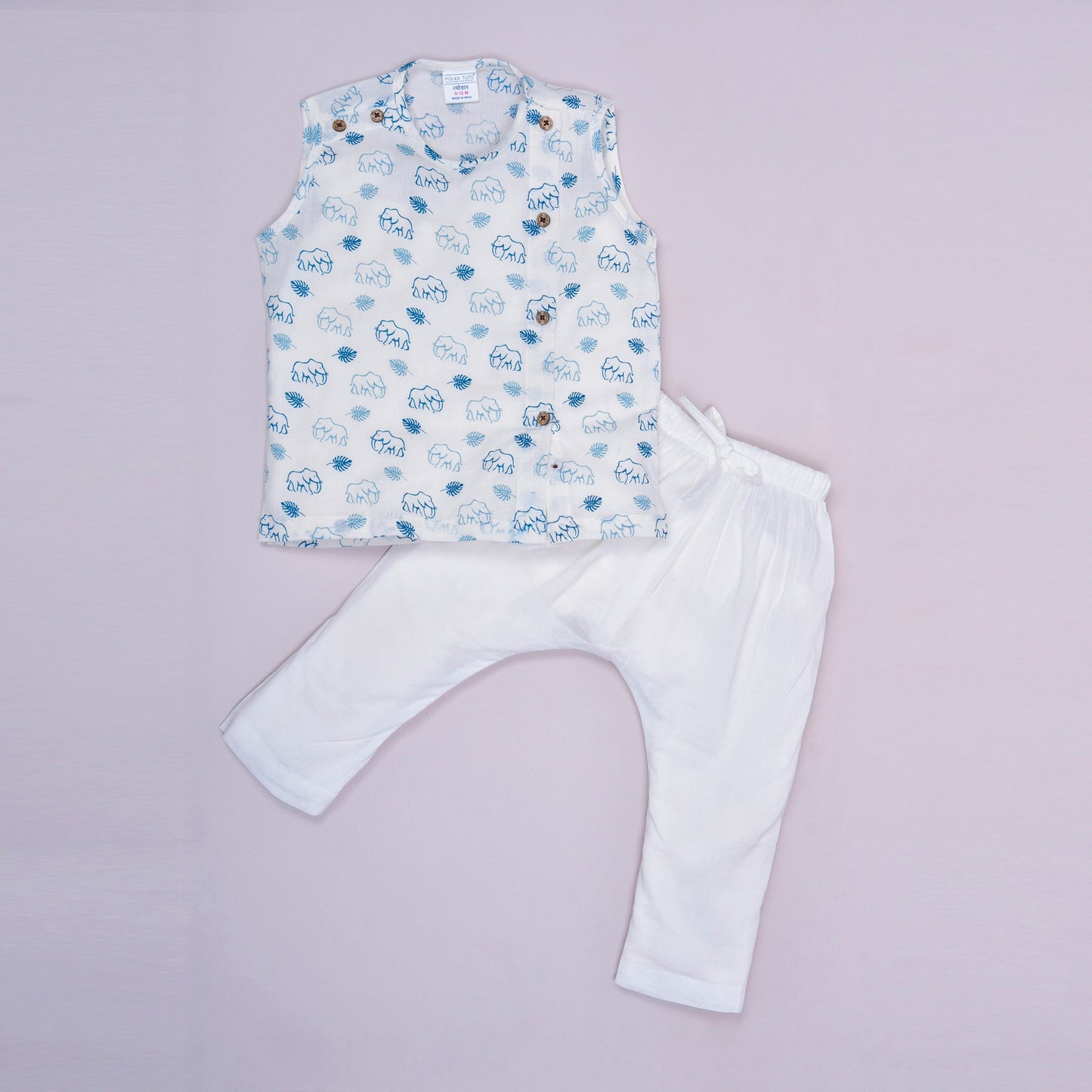 Polka Tots 100% Super Soft Cotton Sleeveless Elephant Print Jhabla and Pant Set - White & Blue