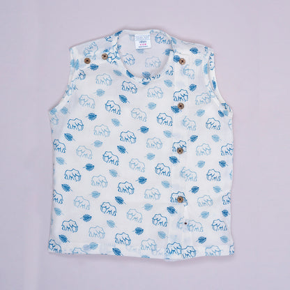 Polka Tots 100% Super Soft Cotton Sleeveless Elephant Print Jhabla and Pant Set - White & Blue
