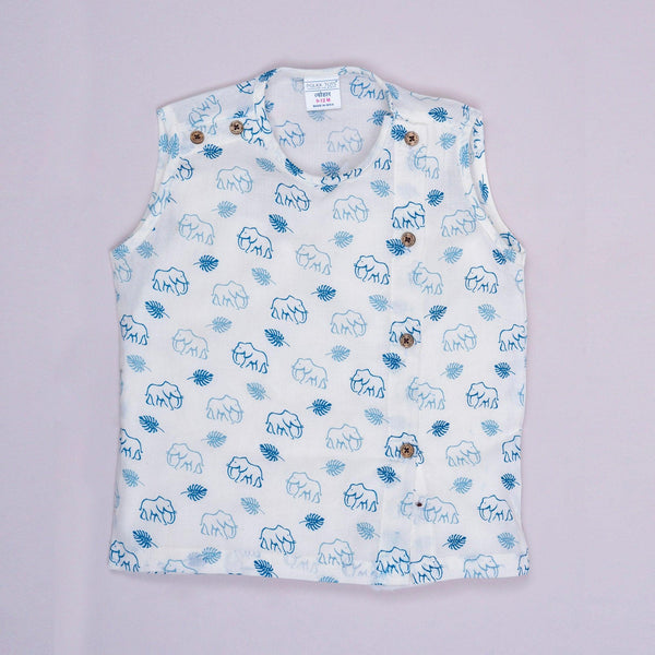 Polka Tots Elephant Print Sleeveless Jhabla and Pant Set - White & Blue