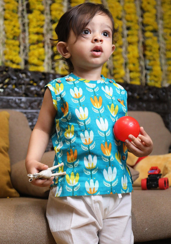Polka Tots Lotus Print Sleeveless Jhabla and Pant Set - Blue & White