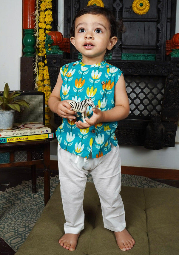 Polka Tots Lotus Print Sleeveless Jhabla and Pant Set - Blue & White