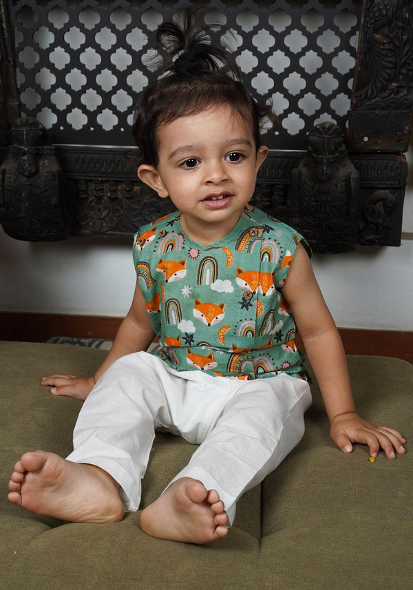 Polka Tots Fox print Sleeveless Jhabla and Pant Set - Green