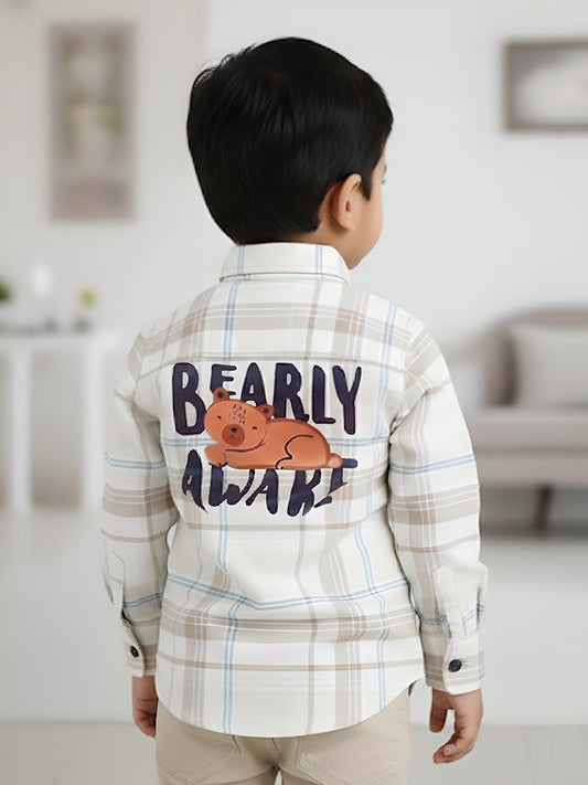 Polka Tots Full Sleeves Bearly Awake print Kids Shirt - Beige