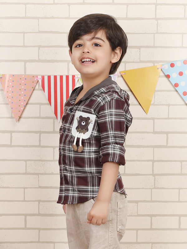 Polka Tots Full Sleeves Teddy Print Shirt - Brown