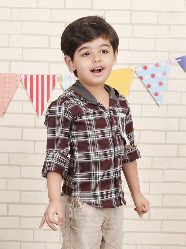 Polka Tots Full Sleeves Teddy Print Shirt - Brown