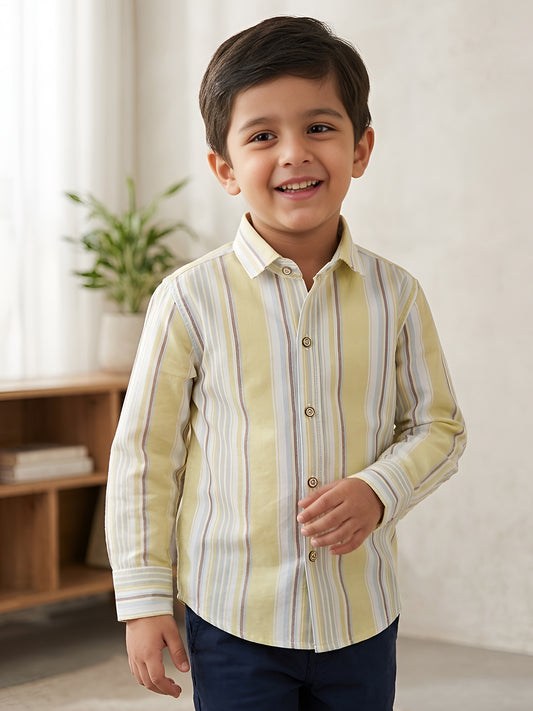 Polka Tots Full Sleeves Lining print Cotton Shirt - Yellow